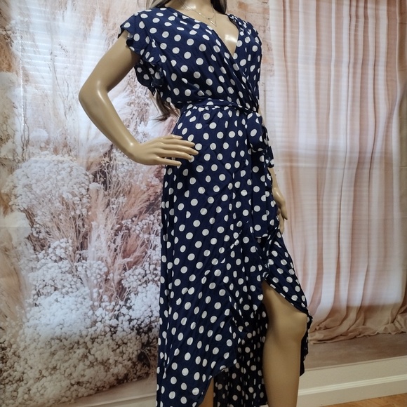 Grecerelle Women's Large Navy & White Polka Dot Surplice Long Flowing Maxi Dress - Picture 4 of 15